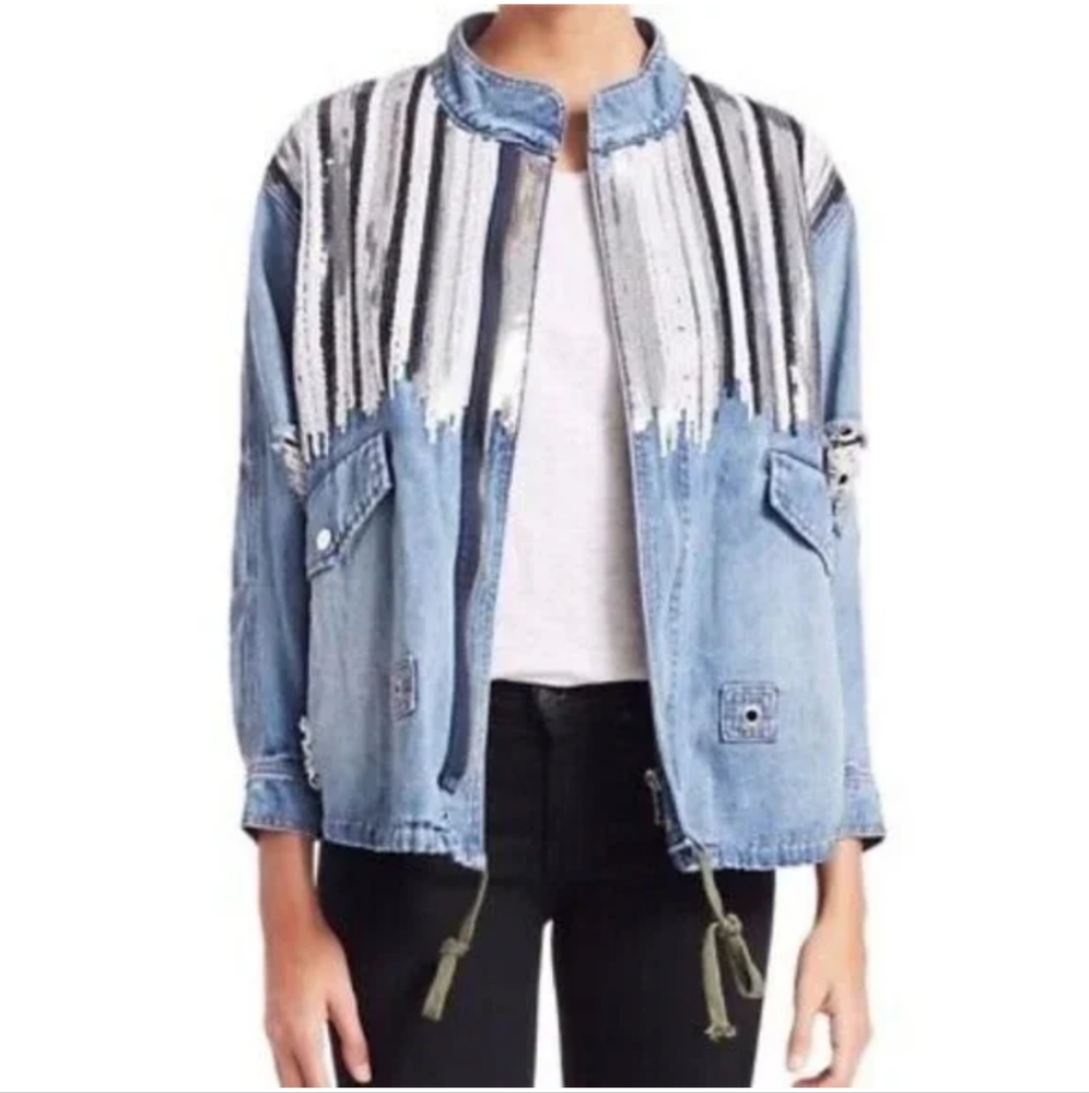 Scripted Embellished Anorak Oversized Distressed Sequin Jean Denim Jacket XS
